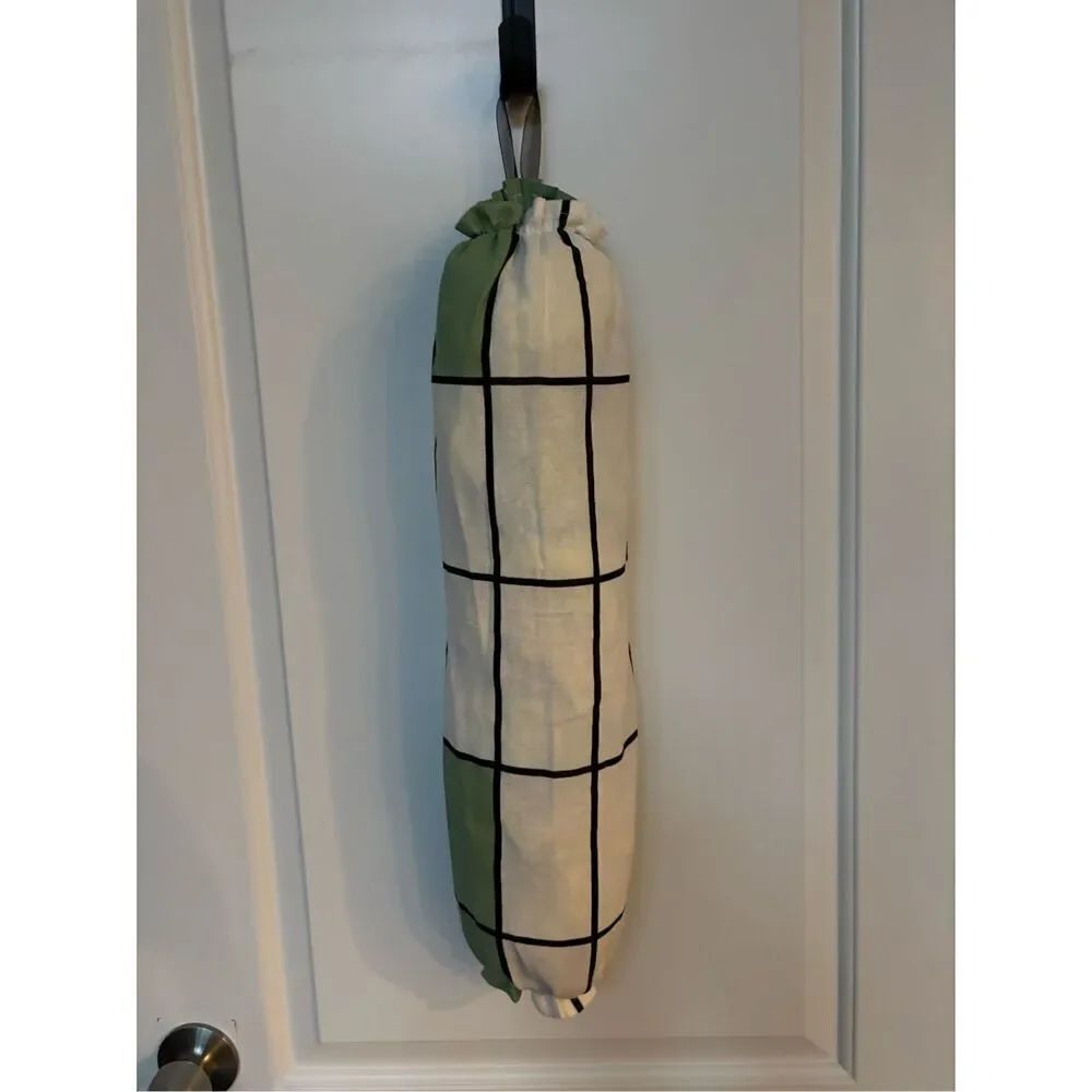 Handmade Plastic Bag Holder- Green/white black lines